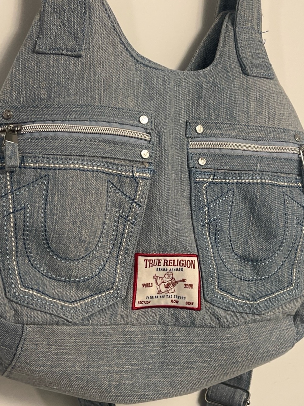 True Religion Light Blue Denim Overalls Bag with Front Zip Pockets